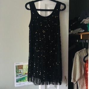 Mini sequin black dress with tulle overlay